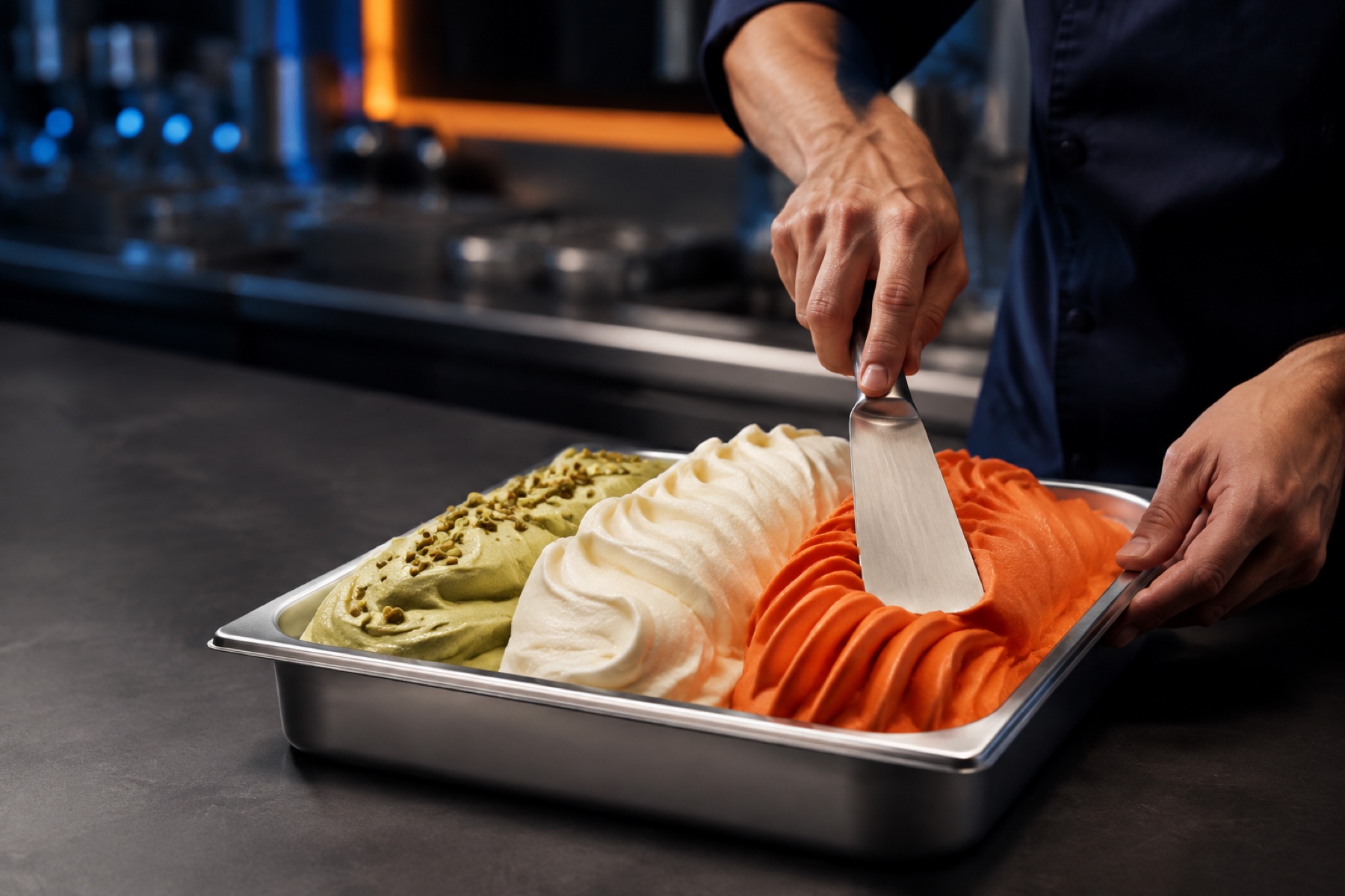 Gelatiere formt professionelles Pistazien-, Fior-di-Latte- und Orangen-Gelato in einer Edelstahlwanne